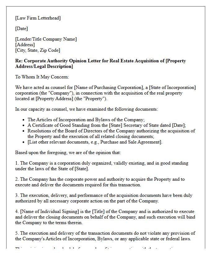 Corporate Authority Opinion Letter for Real Estate Acquisition