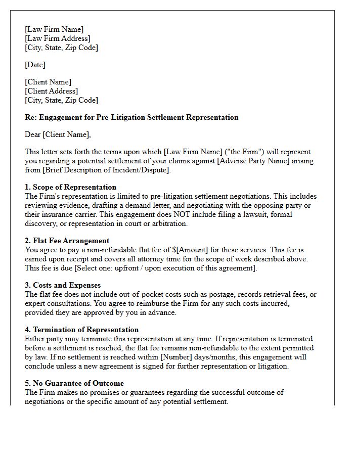 Flat Fee Pre-Litigation Settlement Engagement Letter
