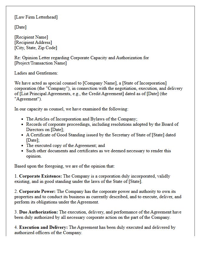 Corporate Authority Opinion Letter on Capacity and Authorization