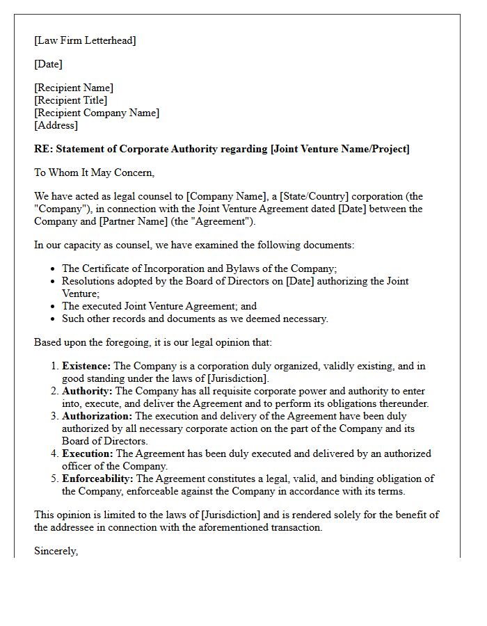 Joint Venture Corporate Authority Opinion Letter