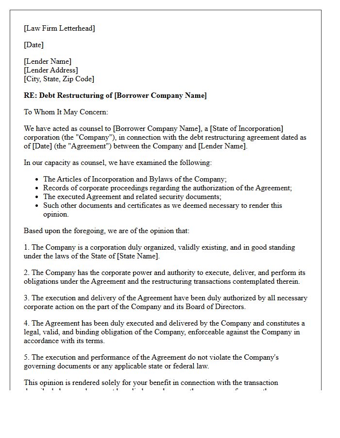 Debt Restructuring Corporate Authority Opinion Letter