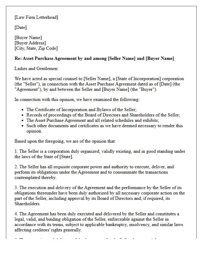 Corporate Authority Opinion Letter for Asset Purchase Agreement