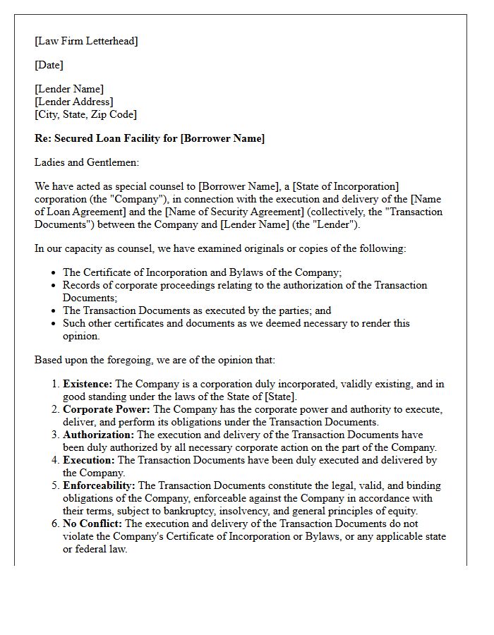 Secured Transaction Corporate Authority Opinion Letter