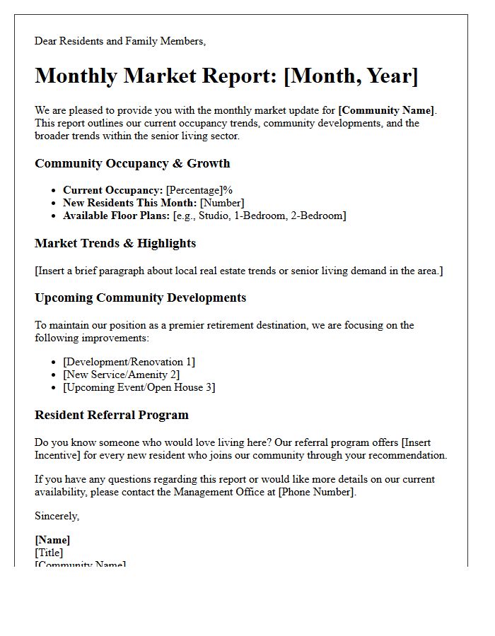 Retirement Community Monthly Market Report Letter