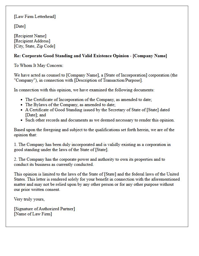 Corporate Good Standing and Valid Existence Opinion Letter