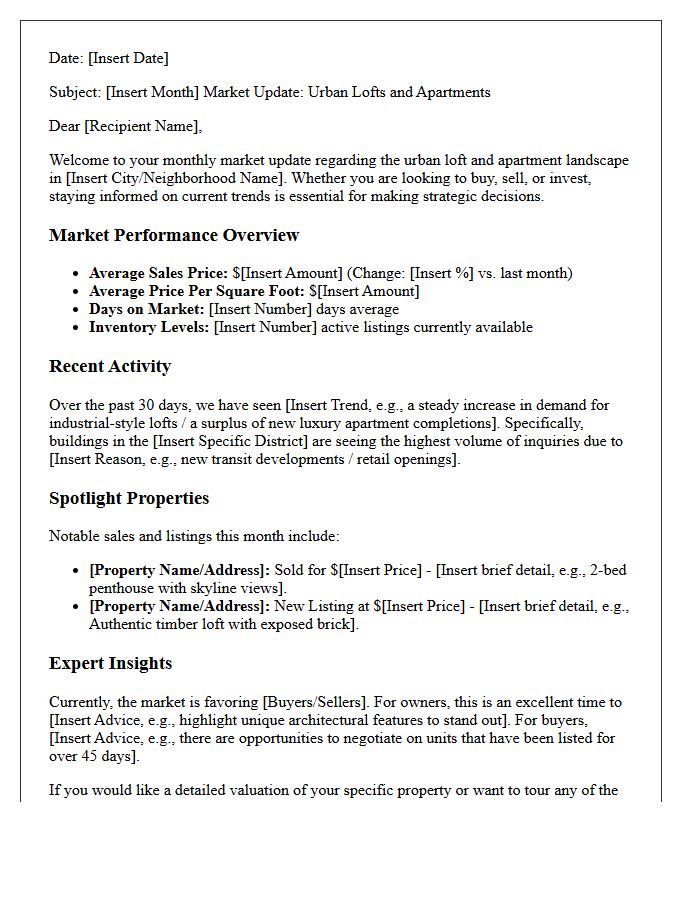 Monthly Urban Loft And Apartment Market Update Letter