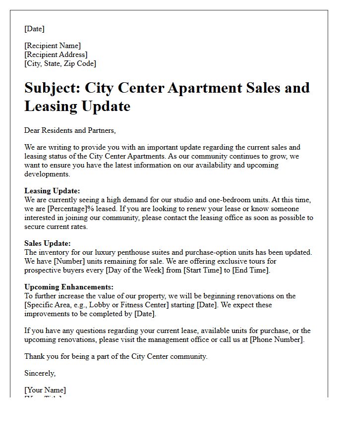 City Center Apartment Sales And Leasing Update Letter