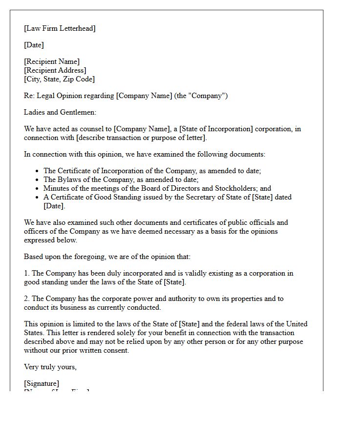 Due Incorporation and Valid Existence Opinion Letter