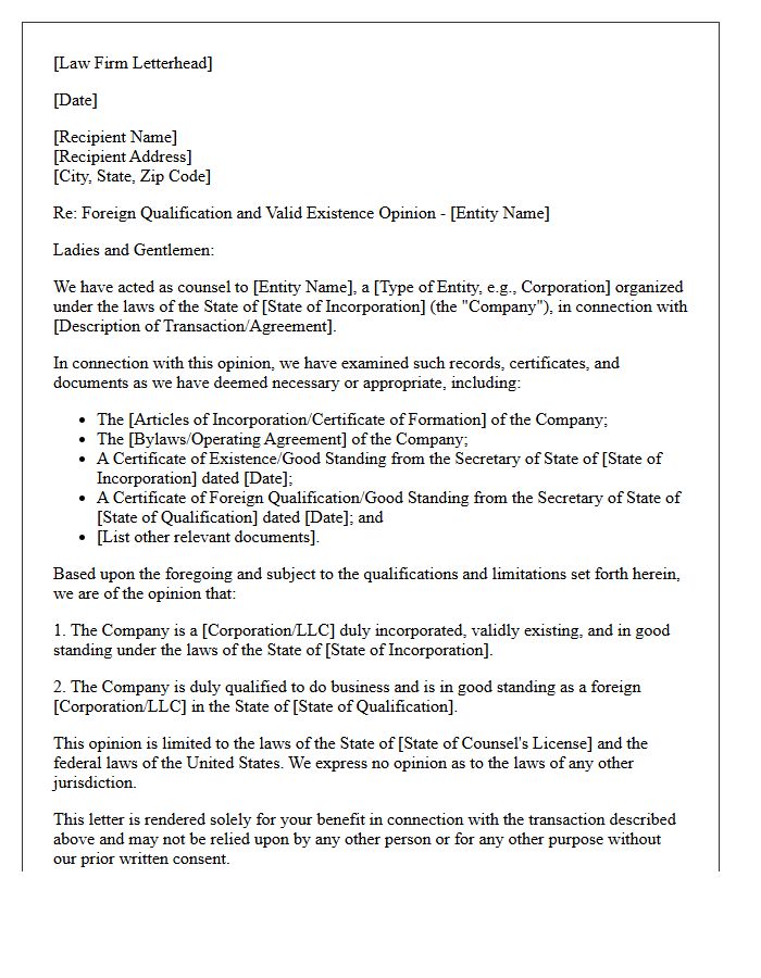 Foreign Qualification and Valid Existence Opinion Letter