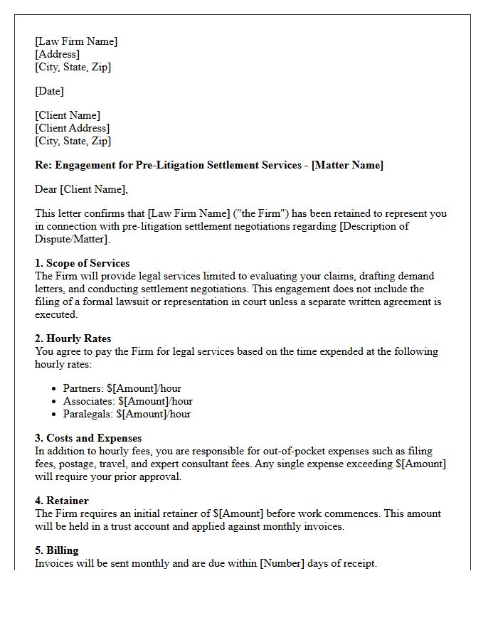 Hourly Rate Pre-Litigation Settlement Engagement Letter