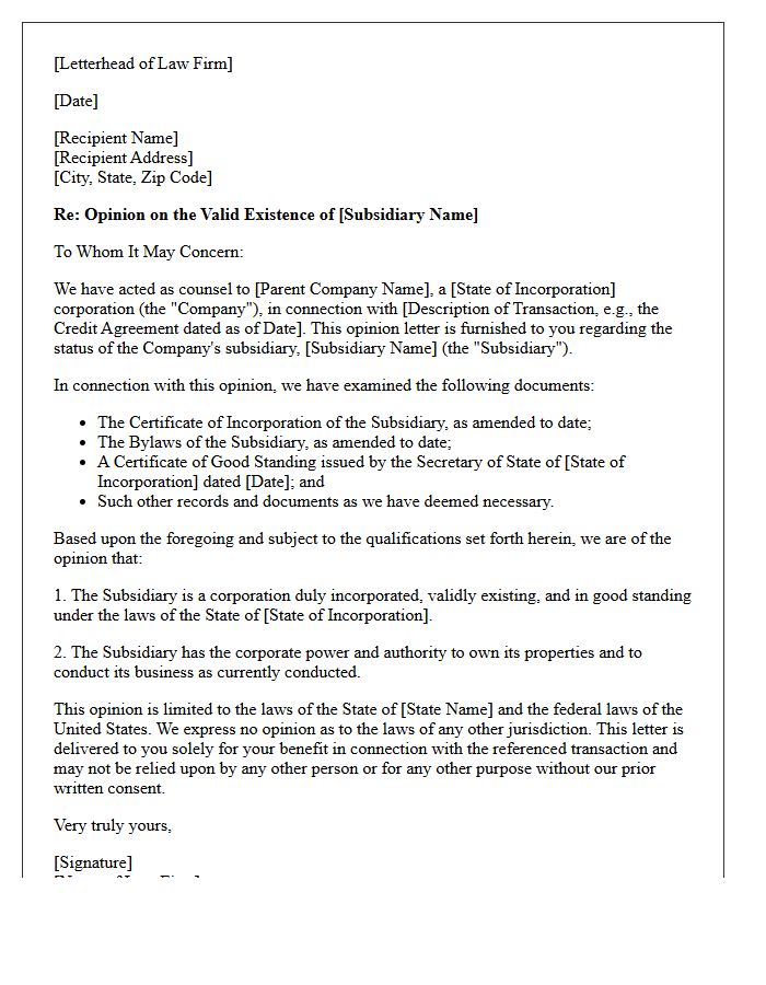 Subsidiary Valid Existence Opinion Letter
