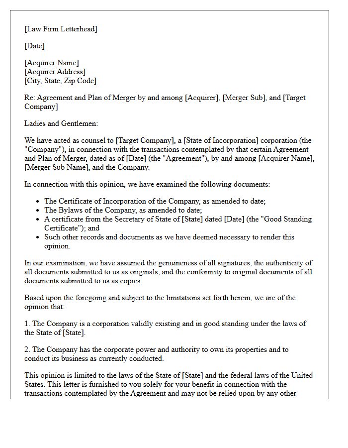 Merger and Acquisition Valid Existence Opinion Letter