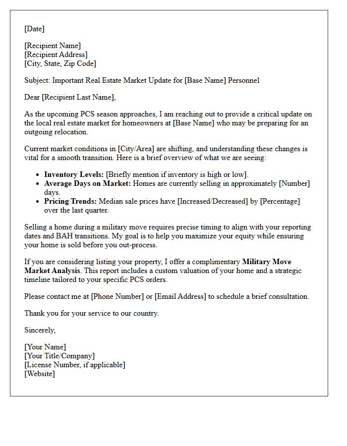 Outgoing Military Base Relocation Seller Market Update Letter