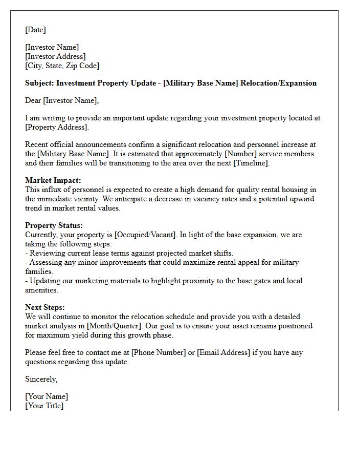 Military Base Relocation Investment Property Update Letter