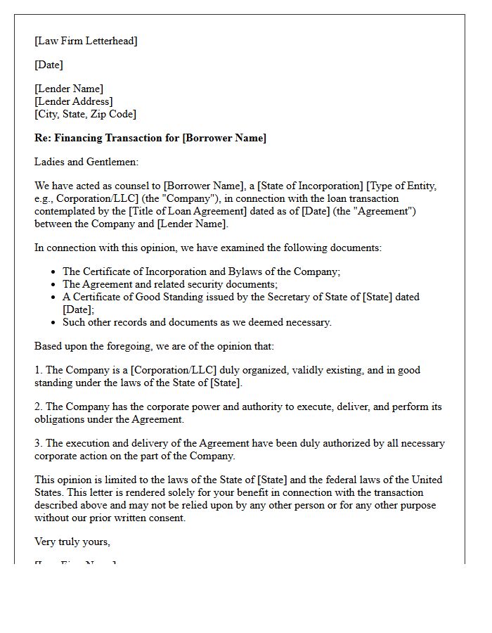 Financing Transaction Valid Existence Opinion Letter