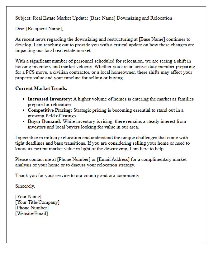Military Base Downsizing Relocation Market Update Letter