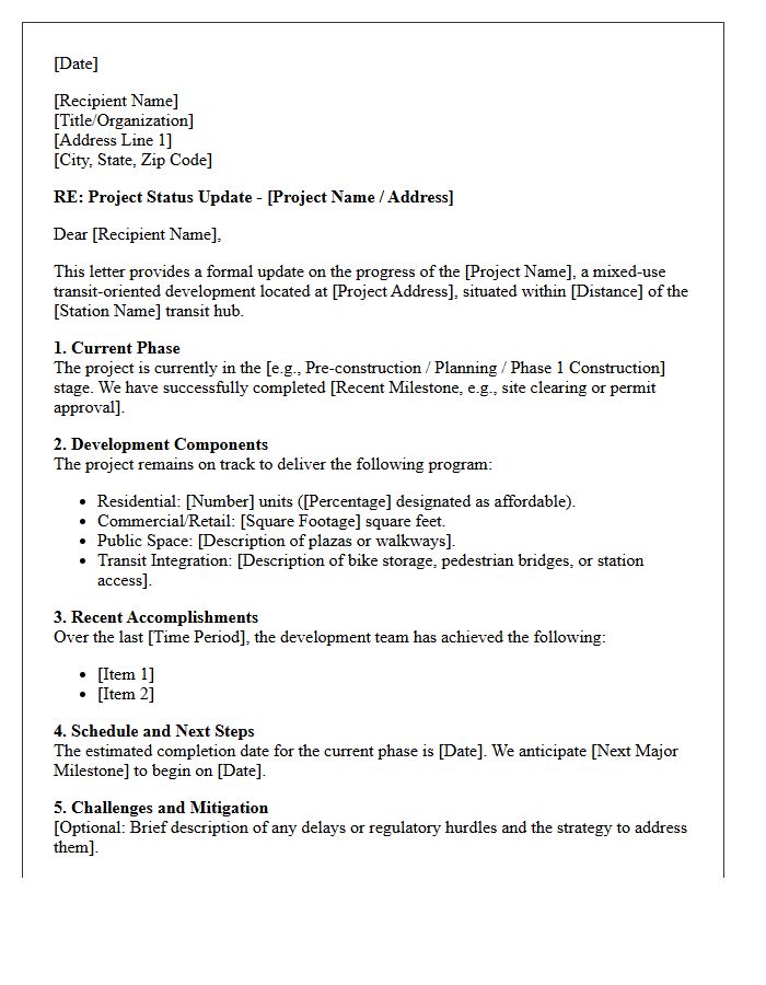 Mixed-Use Transit-Oriented Development Project Status Letter