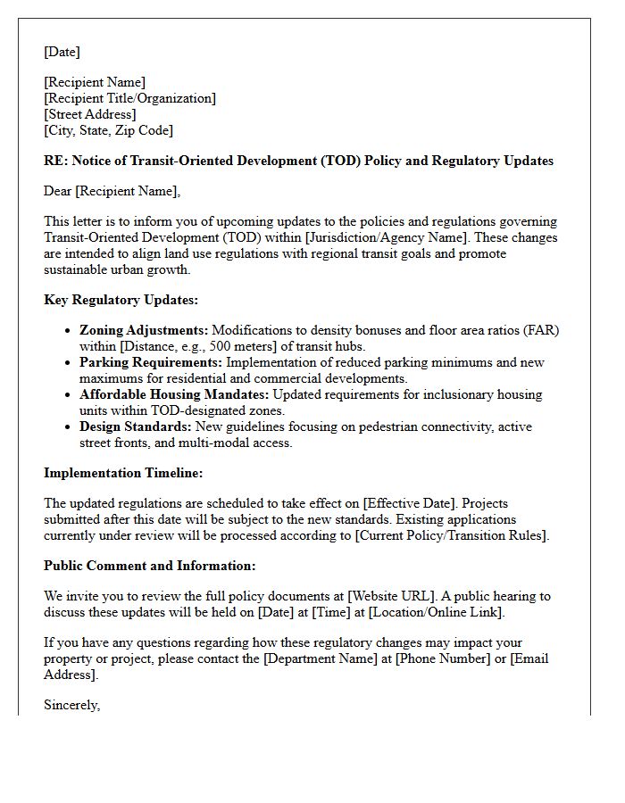 Transit-Oriented Development Policy and Regulatory Update Letter