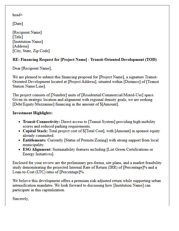 Transit-Oriented Development Capital Markets and Financing Letter