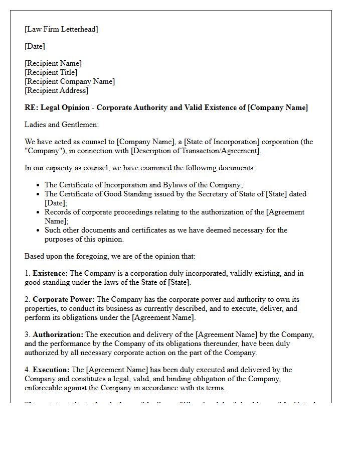 Corporate Authority and Valid Existence Opinion Letter