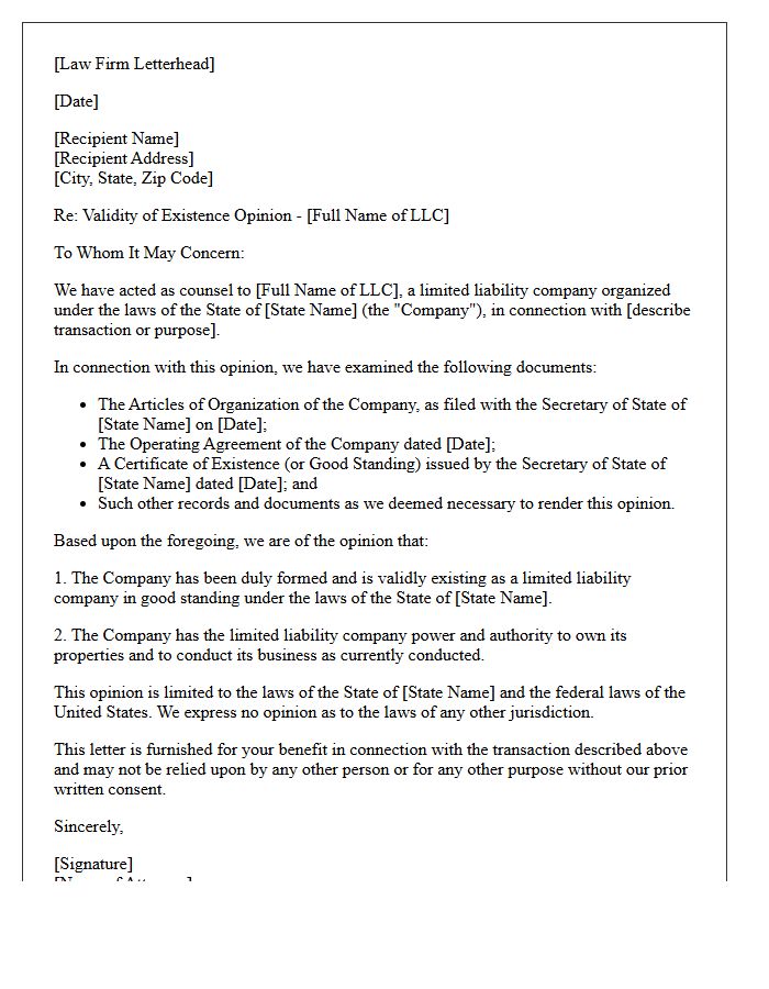Limited Liability Company Valid Existence Opinion Letter