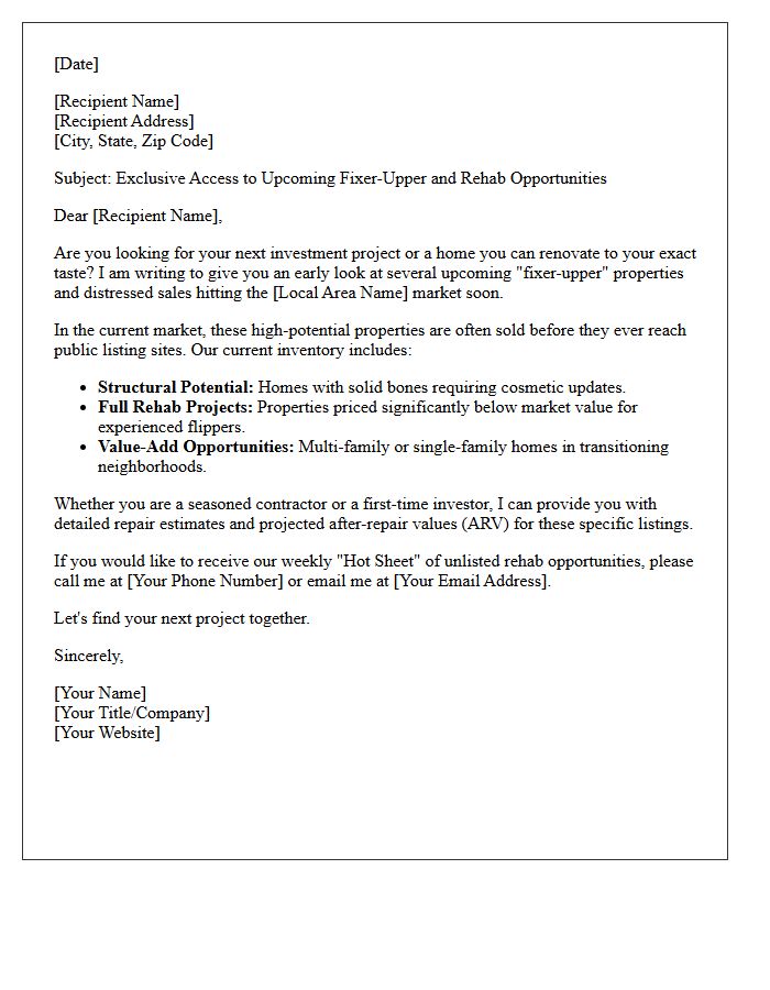 Upcoming Fixer-Upper And Rehab Market Letter