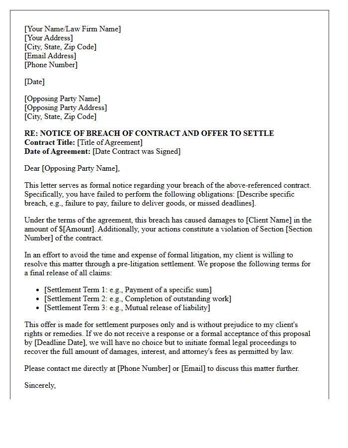 Breach Of Contract Pre-Litigation Settlement Engagement Letter