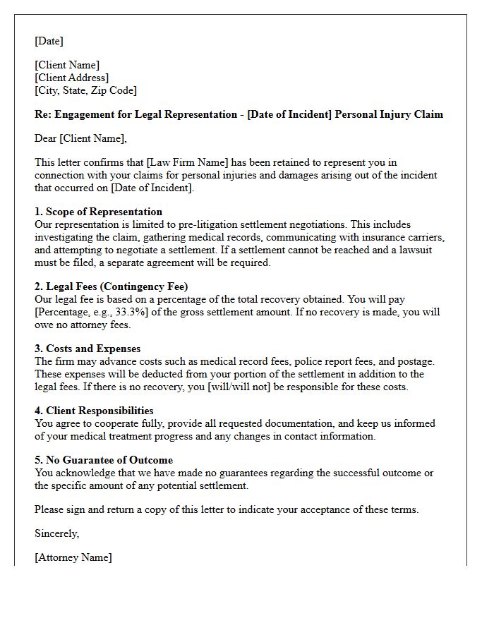 Personal Injury Pre-Litigation Settlement Engagement Letter