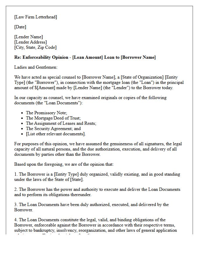 Real Estate Loan Enforceability Opinion Letter