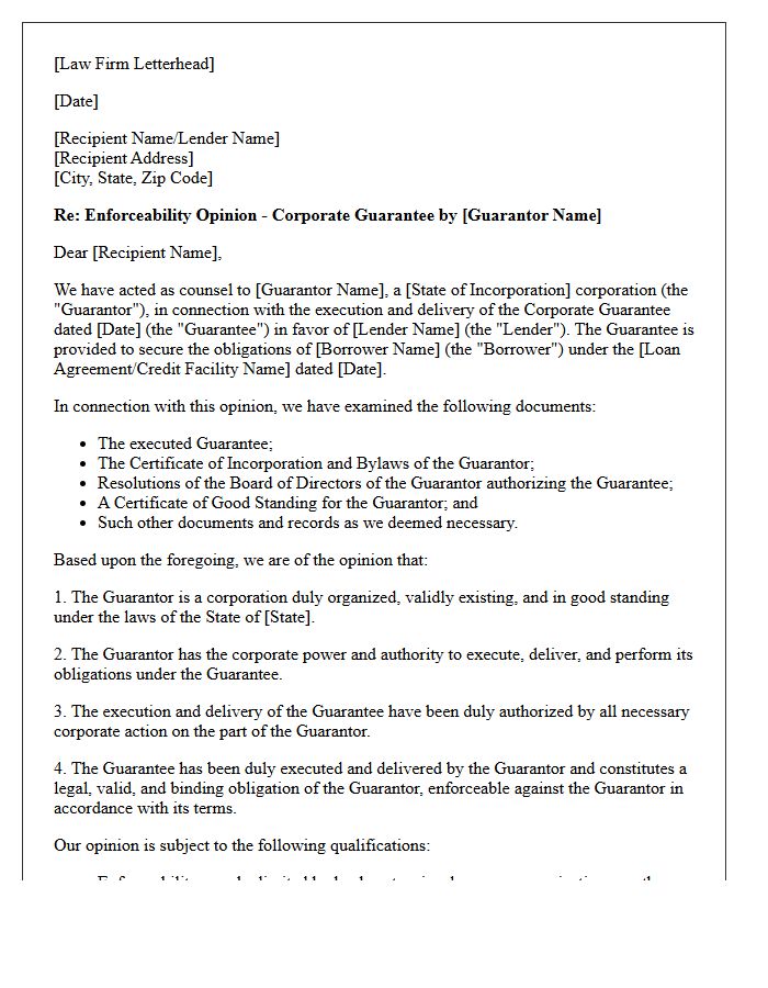 Corporate Guarantee Enforceability Opinion Letter