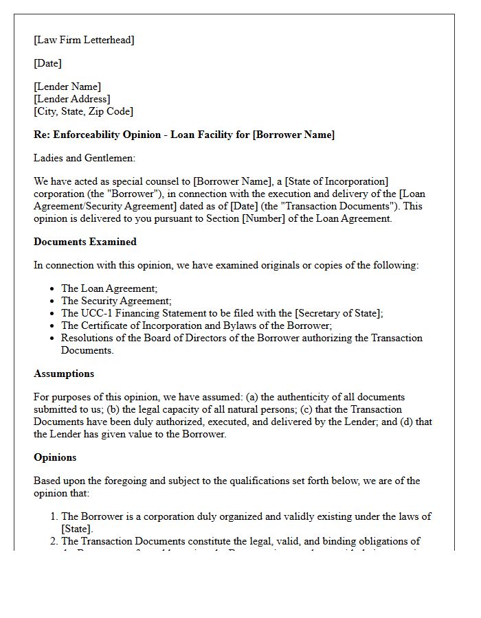 Secured Transaction Enforceability Opinion Letter