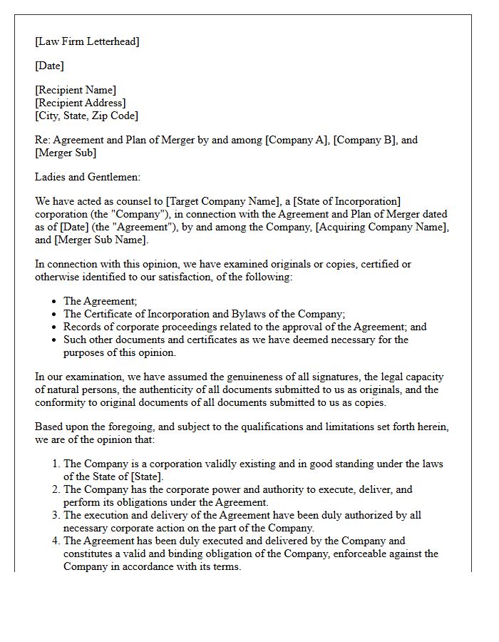 Merger and Acquisition Enforceability Opinion Letter