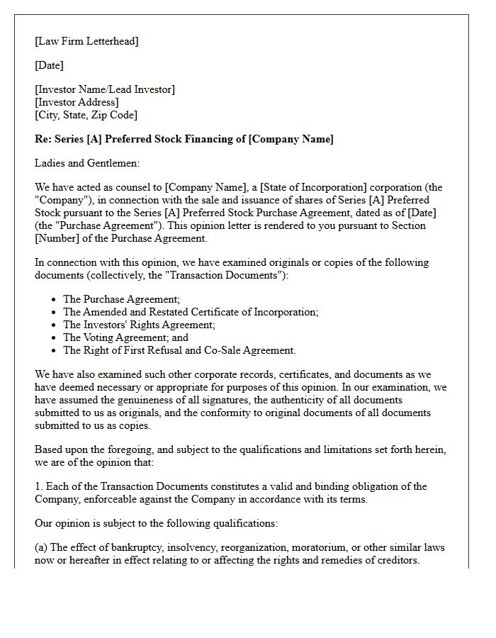 Venture Capital Financing Enforceability Opinion Letter