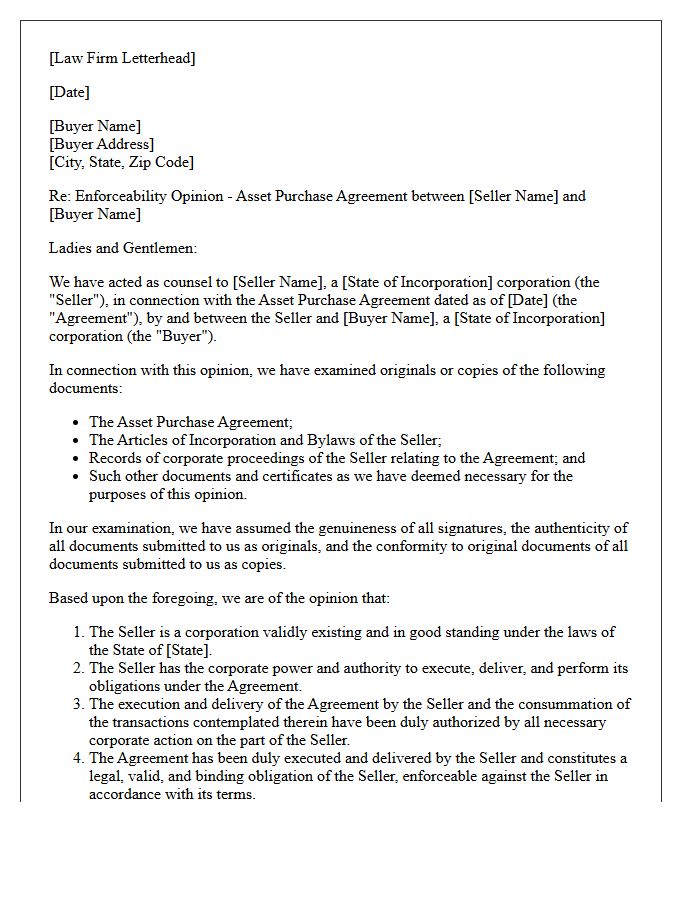 Asset Purchase Agreement Enforceability Opinion Letter