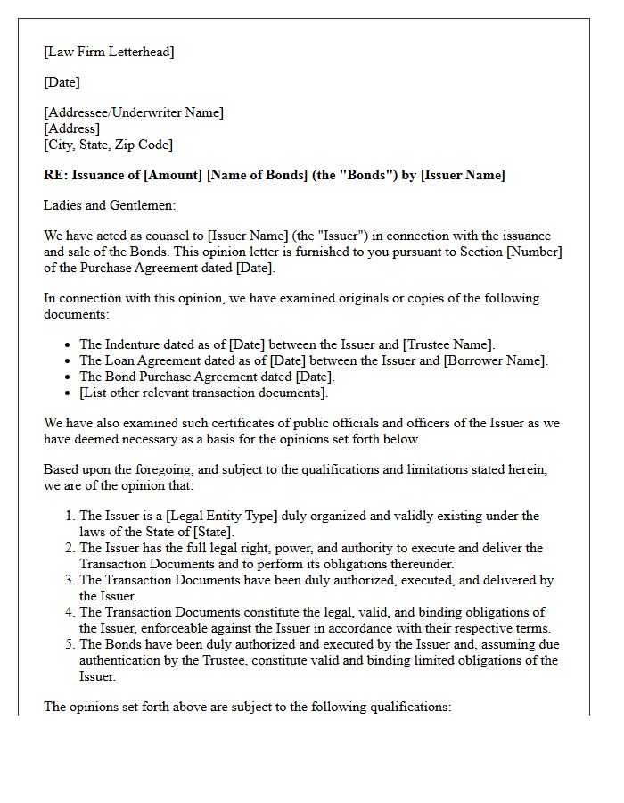 Bond Issuance Enforceability Opinion Letter