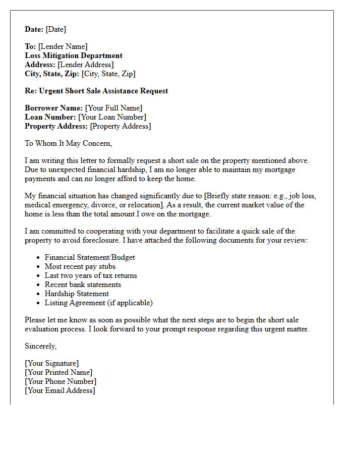 Urgent Short Sale Assistance Request Letter