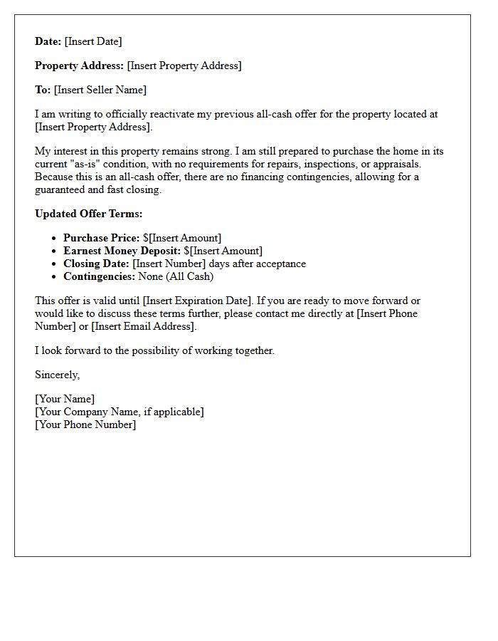 Reactivation of All Cash Investor Offer Letter
