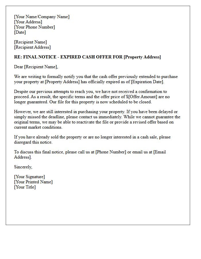 Final Notice for Expired Cash Offer Letter