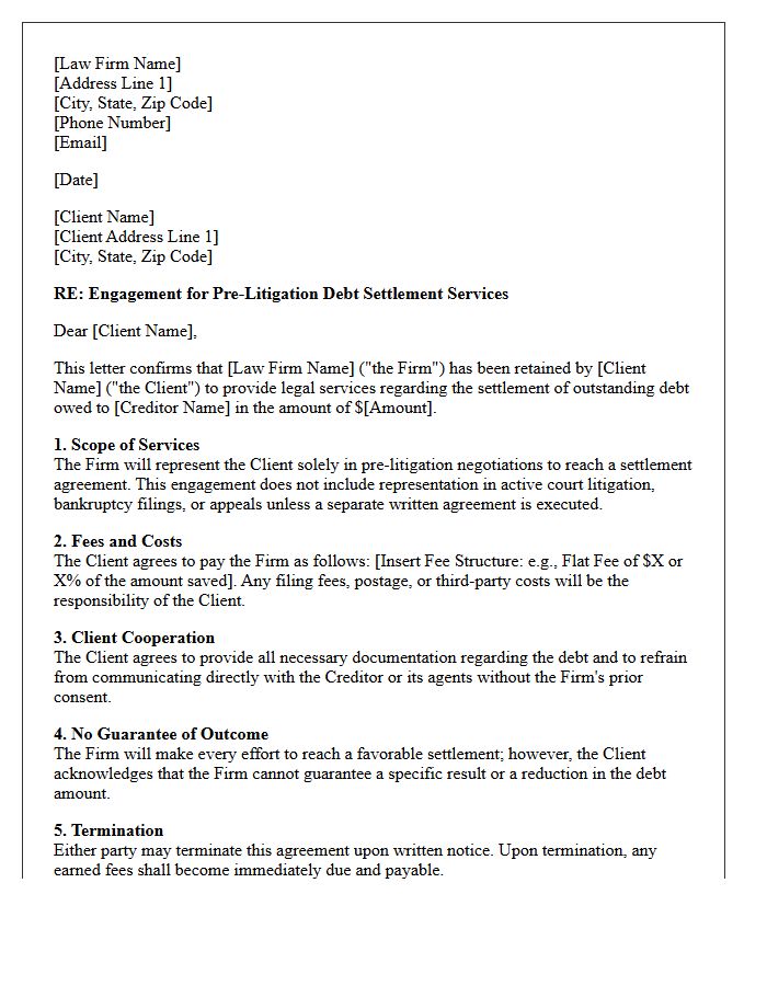 Debt Collection Pre-Litigation Settlement Engagement Letter