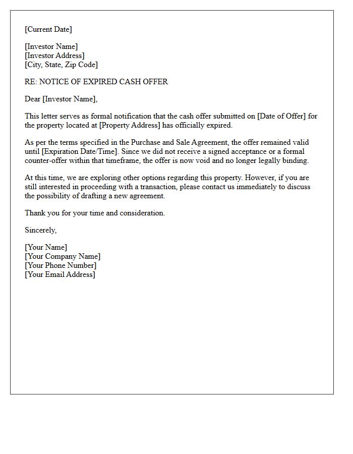 Investor Notification of Expired Cash Offer Letter