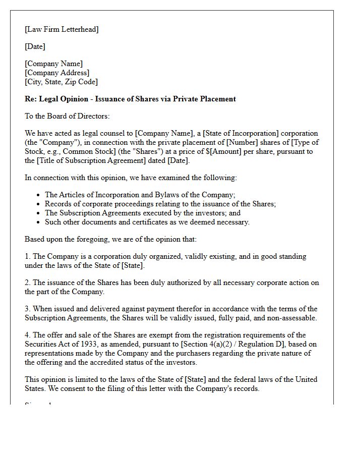 Private Placement Share Issuance Opinion Letter