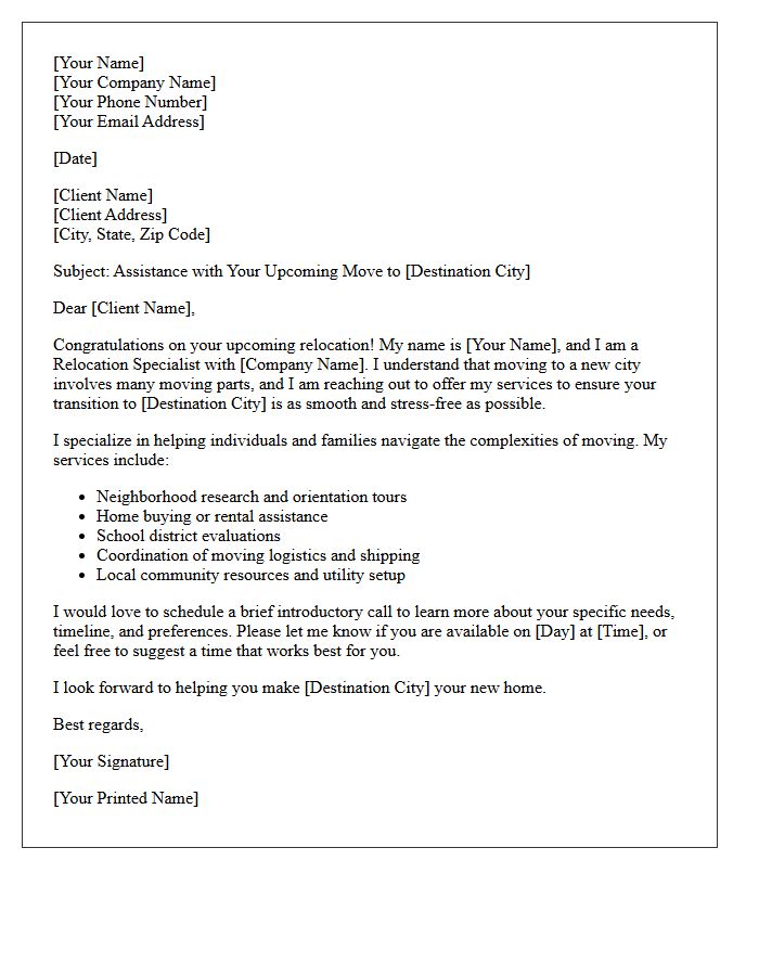 Relocation Specialist Initial Contact Letter
