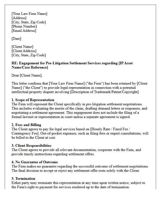 Intellectual Property Pre-Litigation Settlement Engagement Letter