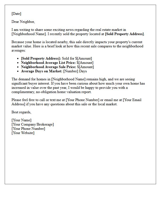 Just Sold Neighborhood Price Comparison Letter