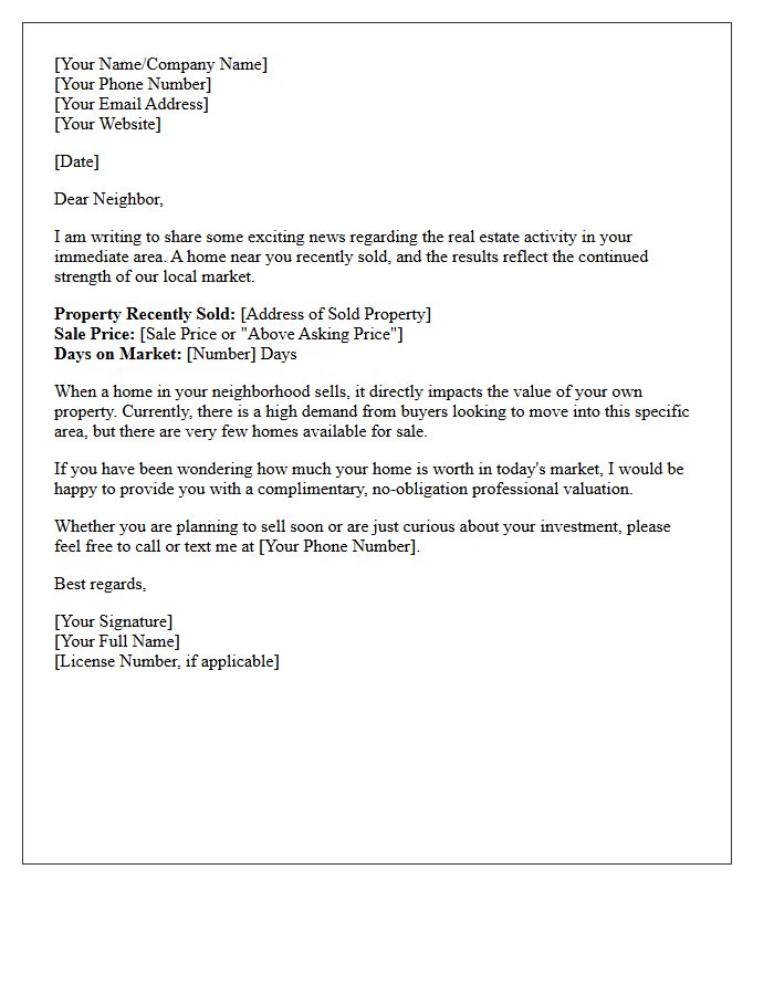 Recent Local Home Sale Market Update Letter