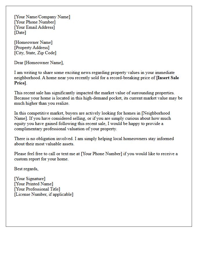 High Neighborhood Sales Price Alert Letter