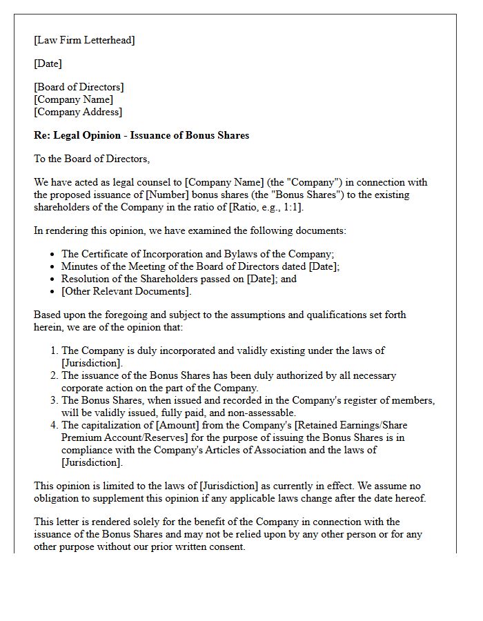 Bonus Issue Share Issuance Opinion Letter