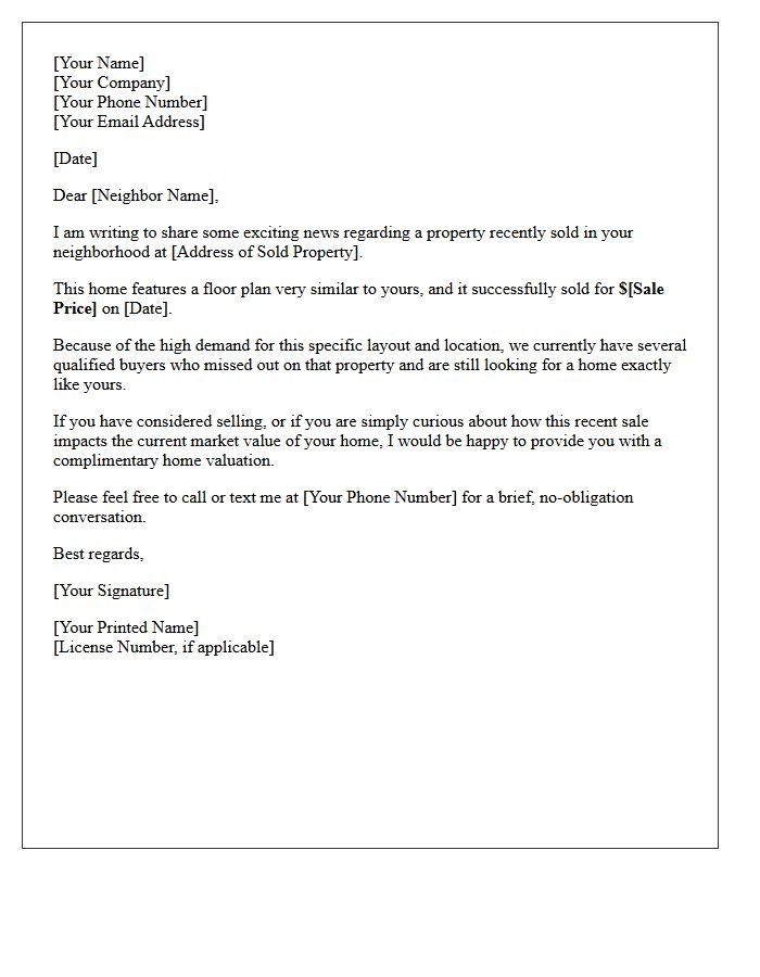Similar Floor Plan Neighborhood Sale Letter