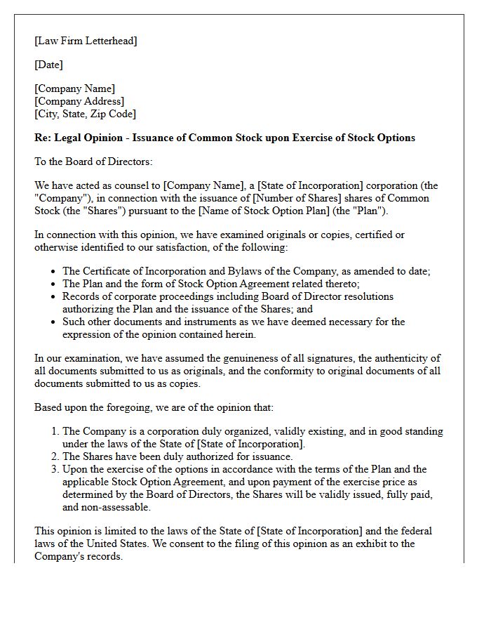 Employee Stock Option Share Issuance Opinion Letter