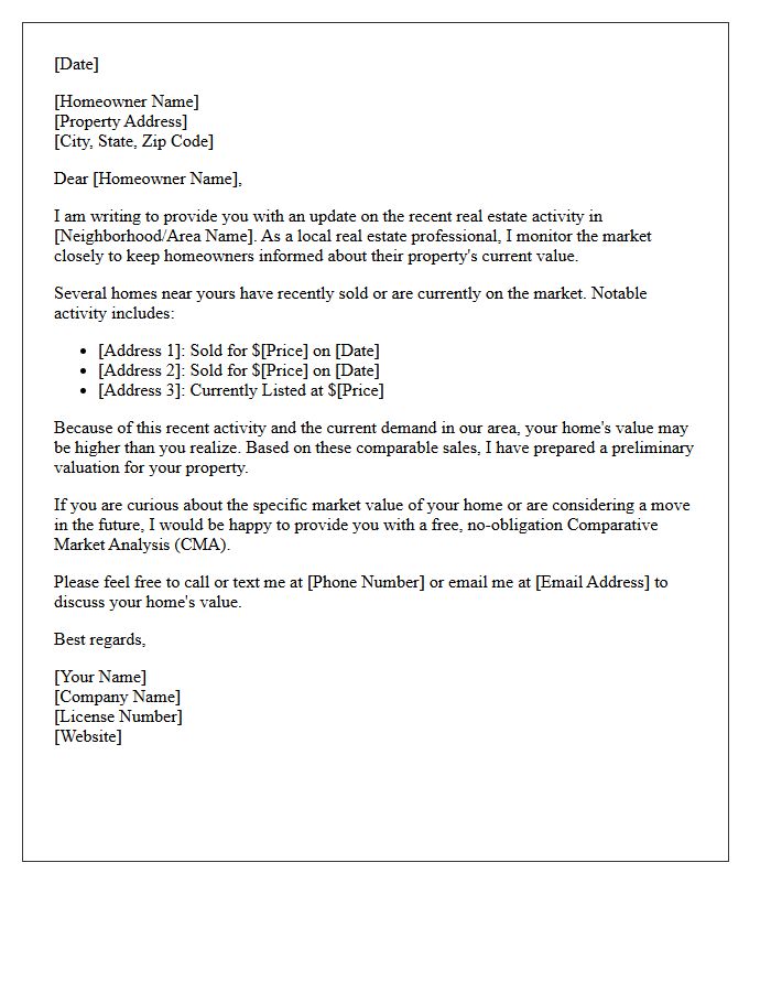 Recent Area Sales and Home Valuation Letter